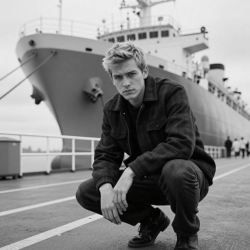 Young Man Crouching on Ship Deck