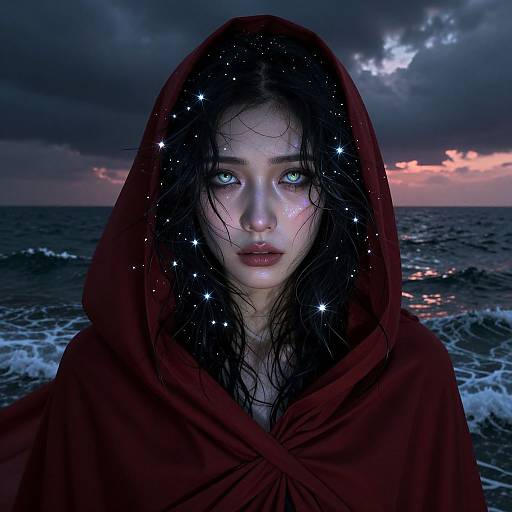 Photograph-style digital art of a pale-skinned, blue-eyed woman with wet black hair, wearing a red hooded cloak, surrounded by star-like