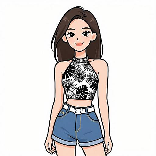 Digital anime-style drawing of a smiling young woman with straight black hair, wearing a black floral halter top and blue high-waisted shorts.