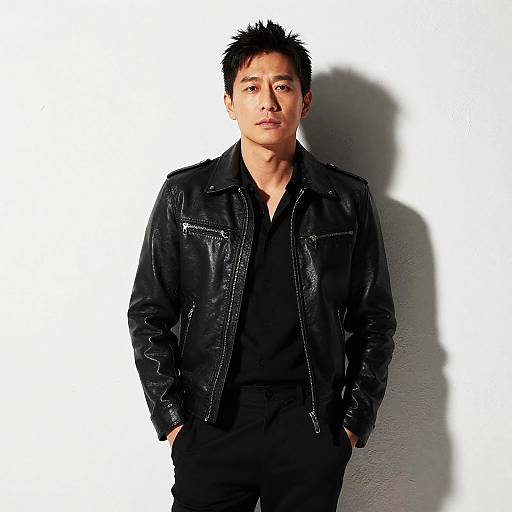 Photograph of an Asian man with short black hair, wearing a black leather jacket and black shirt, standing against a white background with a shadow.