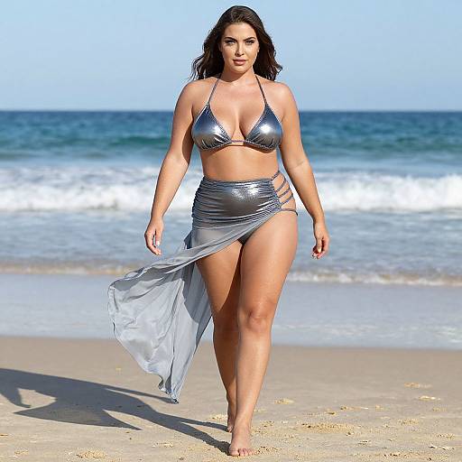 Photograph of a curvy woman with fair skin and dark hair, wearing a shiny silver bikini and wrap skirt, walking on a sunny beach with blue