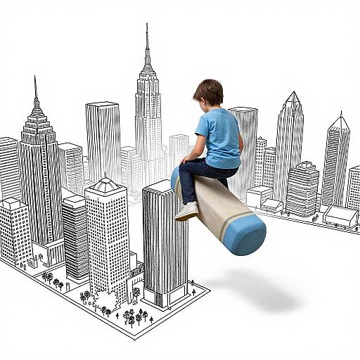 Child Reshaping City with Floating Eraser