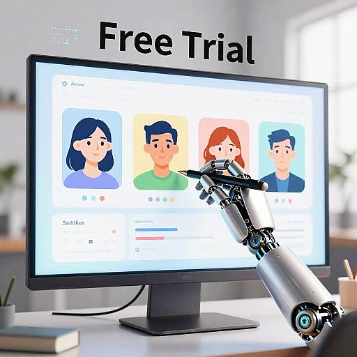 Photograph of a computer screen displaying a user interface with four profile pictures, being interacted with by a robotic arm. Text above reads 