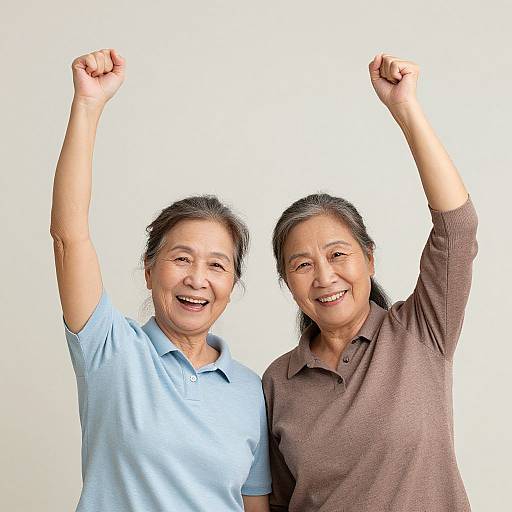 Photograph of two smiling Asian women with raised arms, wearing light blue and brown polo shirts, against a plain white background.