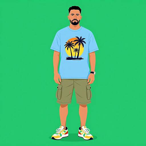 Digital illustration of a bearded man with short black hair, wearing a blue T-shirt with palm trees, beige cargo shorts, and white sneakers, standing