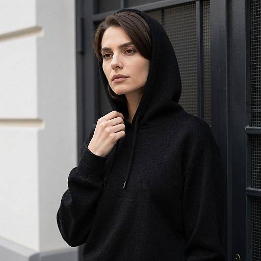 Woman in Black Hoodie by Metal Door