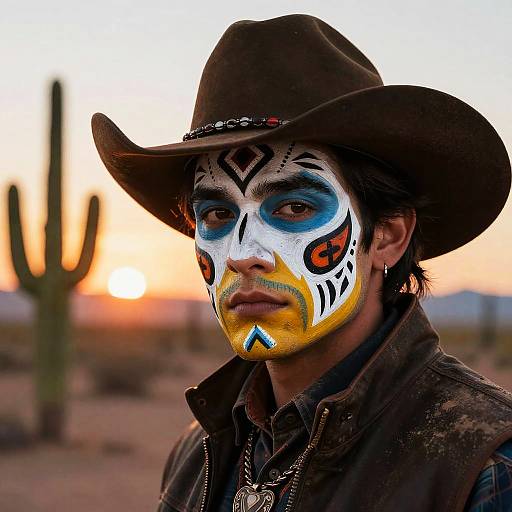 Photograph of a man with Native American face paint, wearing a black cowboy hat and brown jacket, against a desert sunset with a cactus in the