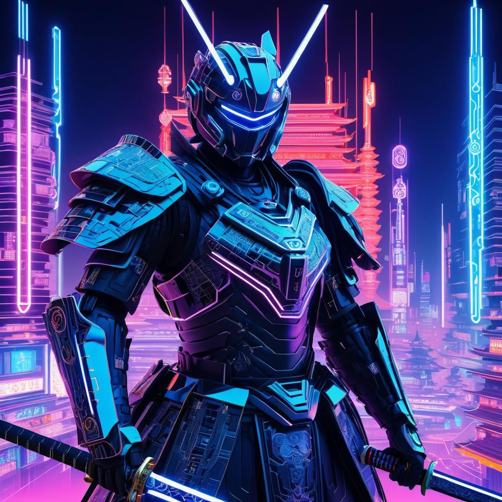 Futuristic Robot Samurai in Neon City