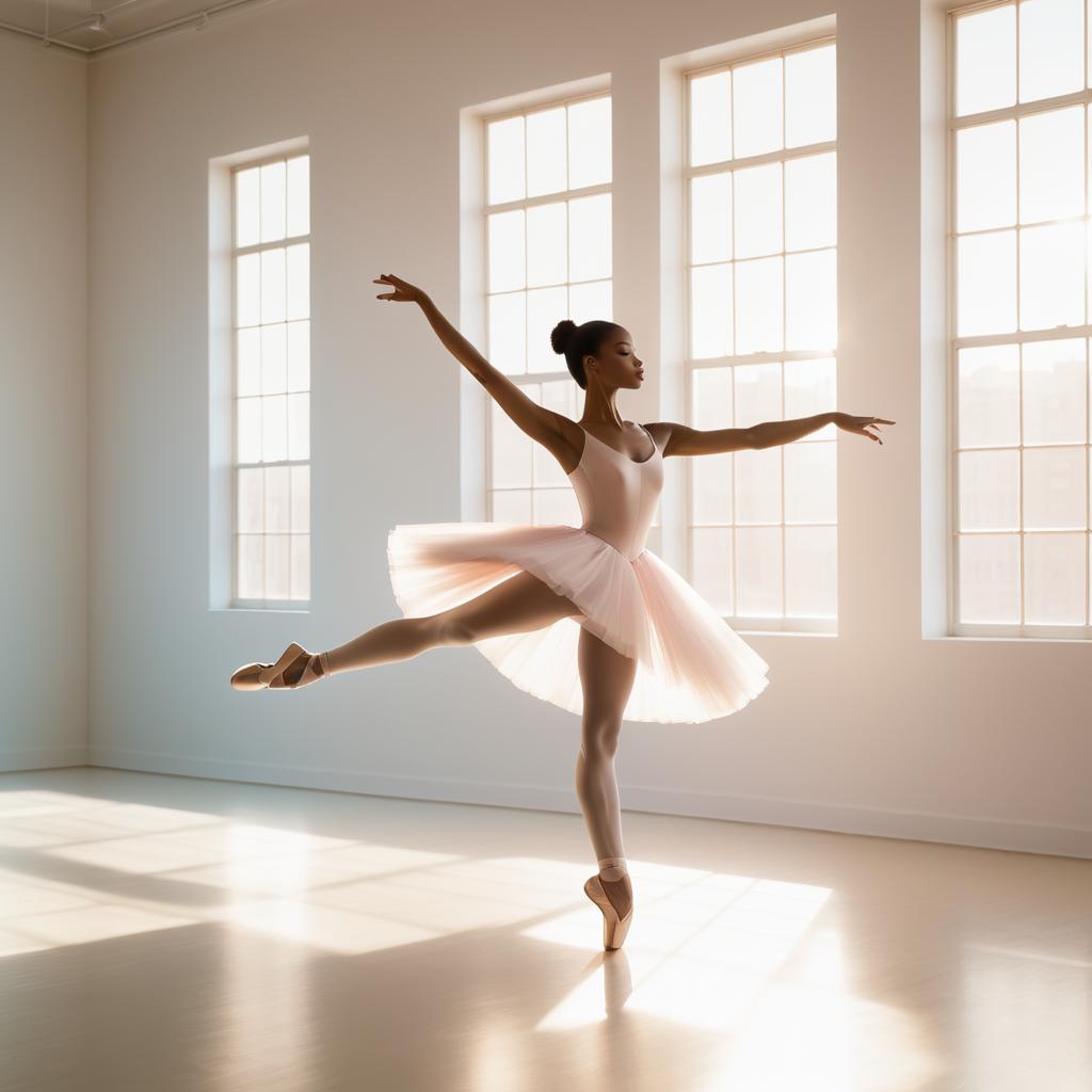 Cinematic Elegance: Ballerina in Sunlit Studio