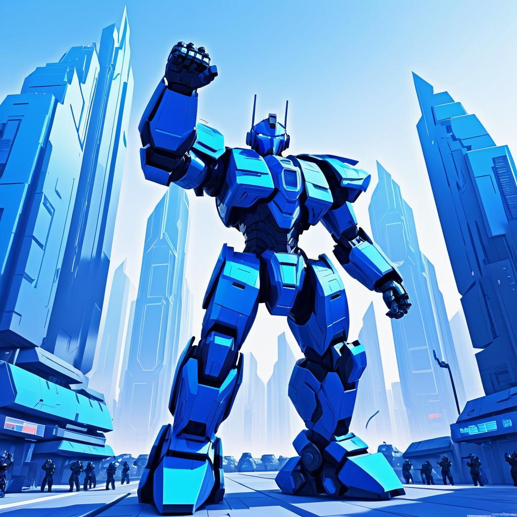 Futuristic Blue Armored Robot in City