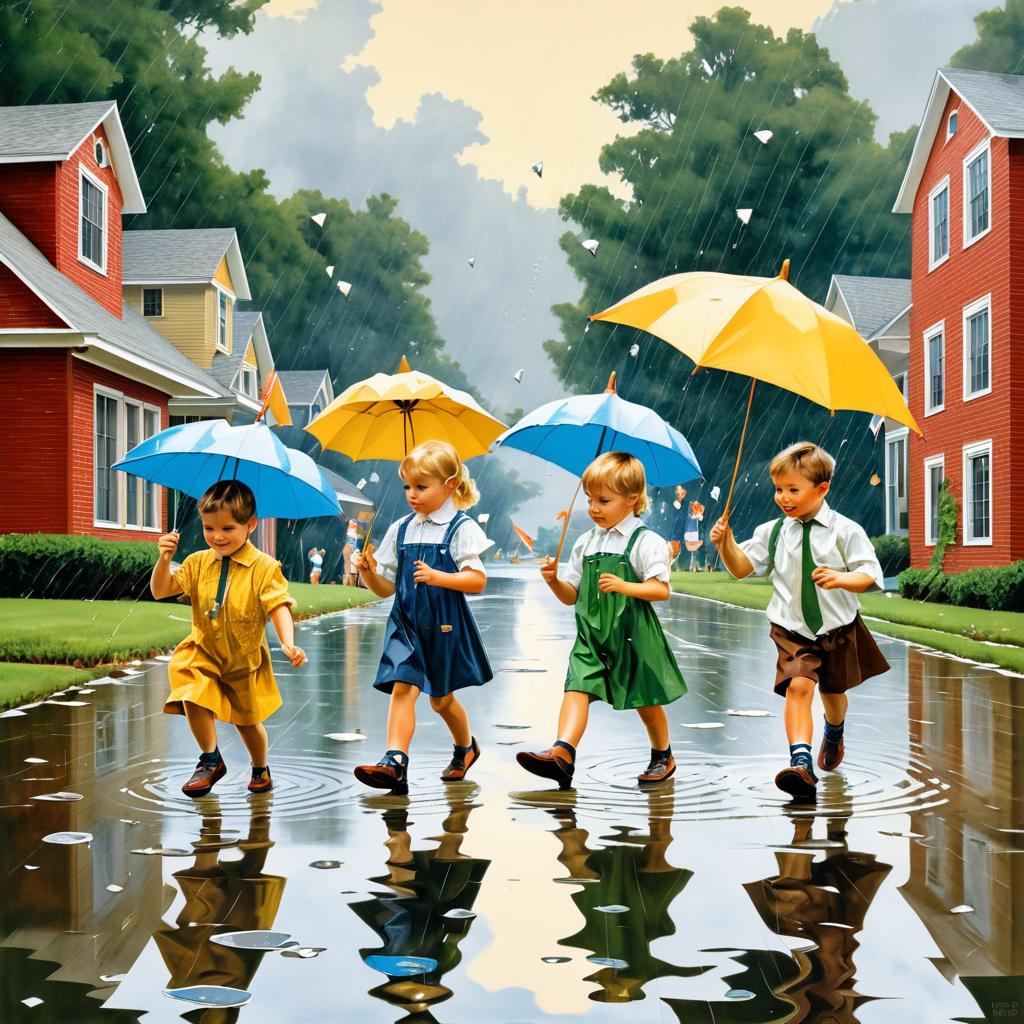 Children Playing in the Rain: Nostalgic Art