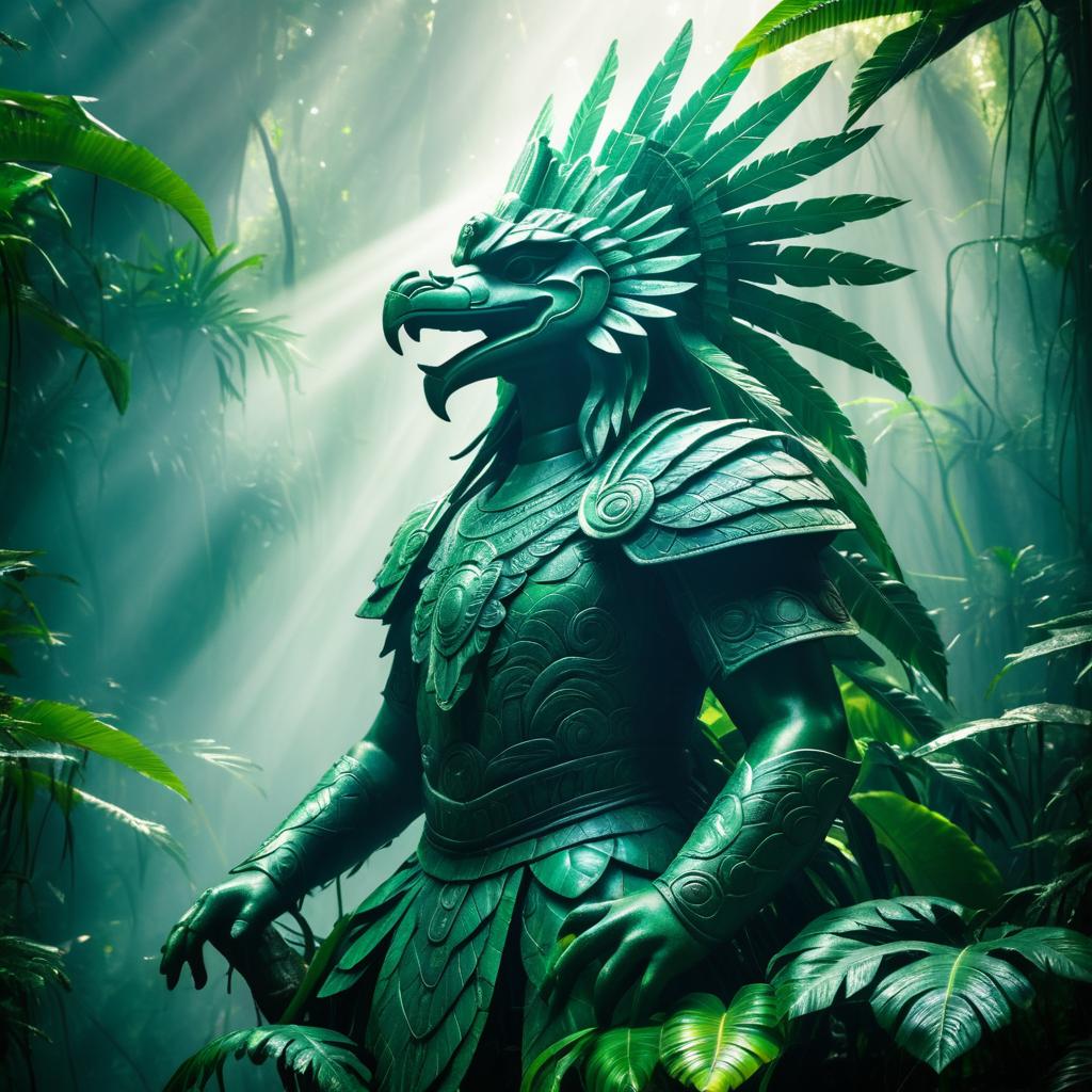 Ancient Quetzalcoatl Statue in Jungle Mist