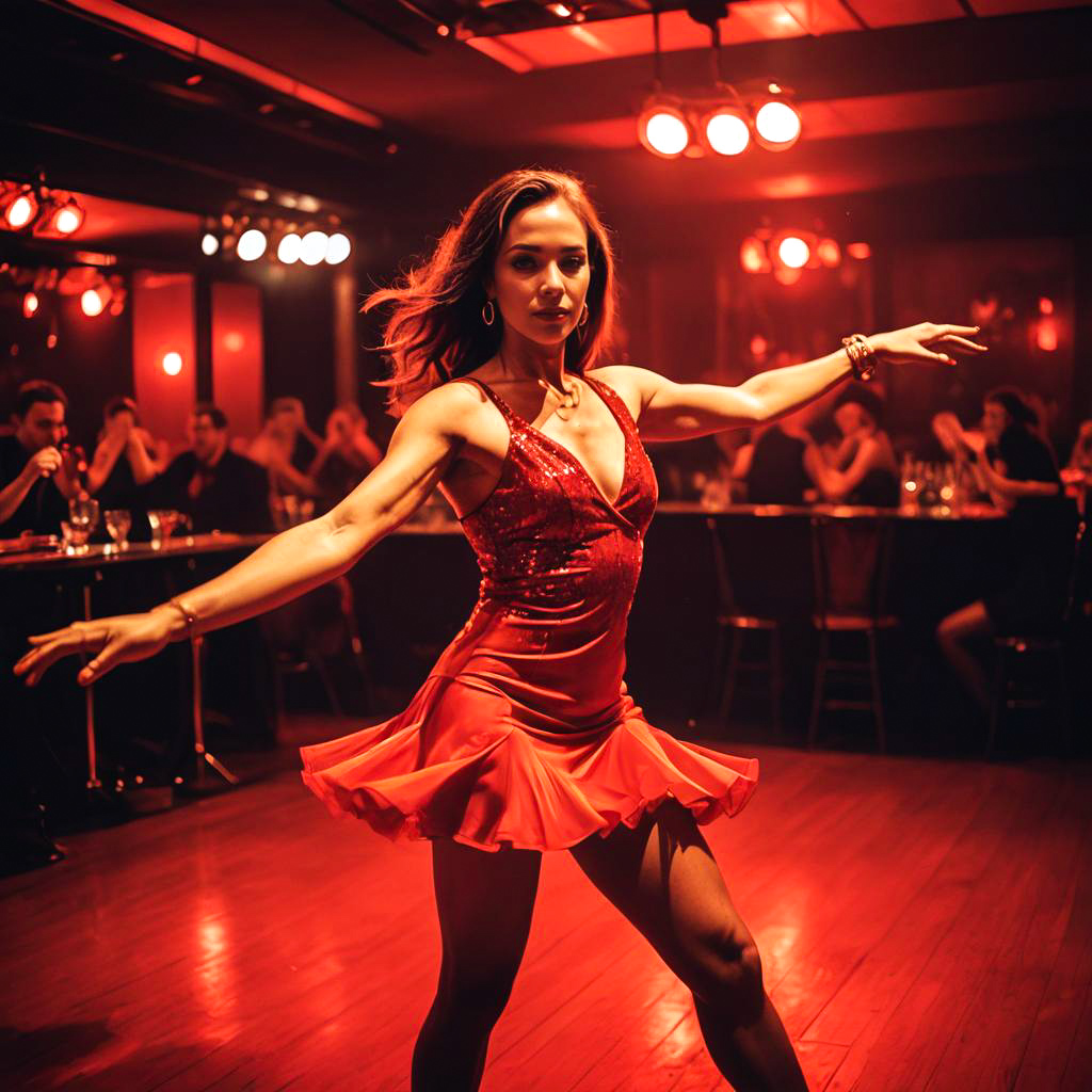 Energetic Dancer in Fiery Red Dress