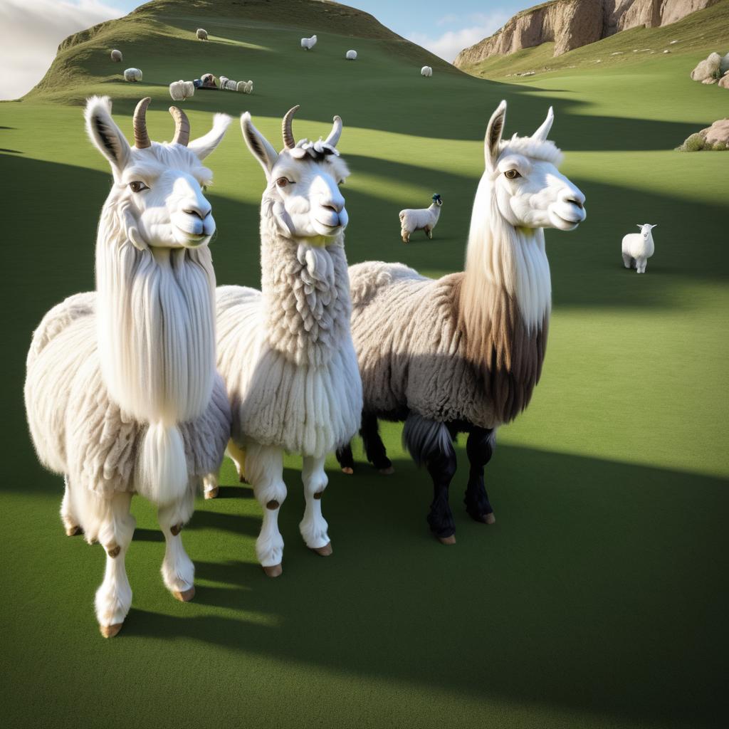 Serene Trio: Llama, Sheep, and Goat