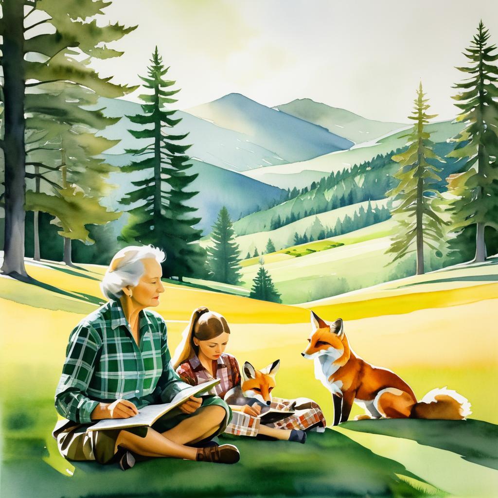 Tranquil Meadow with Foxes and Elderly Man