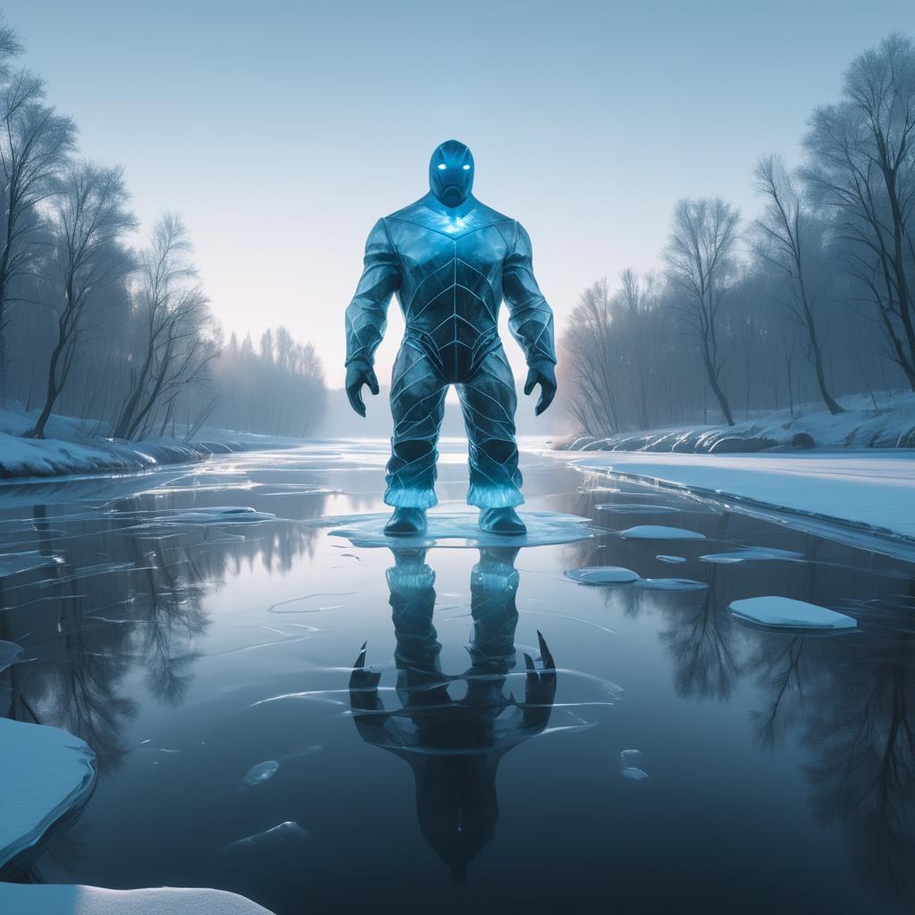 Cinematic Ice Mutant Walking Through River