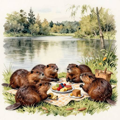 Watercolor Beavers' Lakeside Picnic