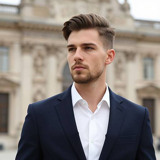 Photograph of a handsome, brown-haired man with a trimmed beard, wearing a black suit and white shirt, standing in front of a blurred, orn