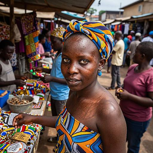 Photograph of a dark-skinned African woman with orange, blue, and white patterned dress and headwrap, standing at a vibrant outdoor market with