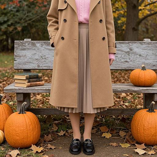 Photograph of a woman in a beige coat, pink sweater, and pleated skirt, standing on an autumn park bench with pumpkins and books.