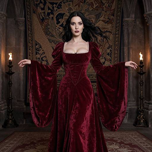 Photograph-style digital art of a dark-haired woman in a deep red velvet gown with wide sleeves, standing in a Gothic-style room with ornate tape