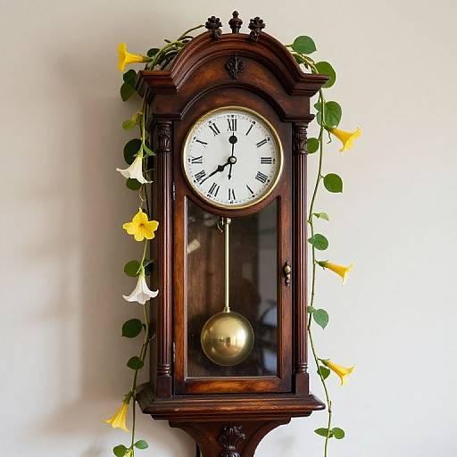 Antique wooden clock with yellow and white flowers draped around it, featuring a white face, black Roman numerals, and a gold pendulum, against