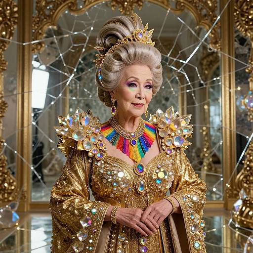 Photograph of an elderly queen with platinum hair, wearing an elaborate gold and multicolored gemstone dress and crown, in an opulent, mirrored