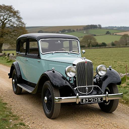 Photograph of a vintage, light blue classic car with black fenders and chrome accents, parked on a gravel road in a green, countryside landscape.