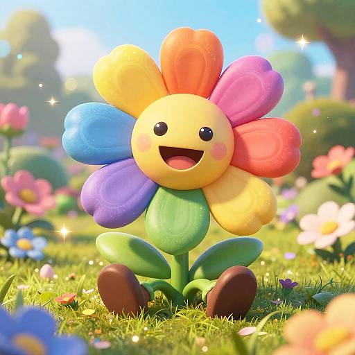 Bright, cheerful digital artwork of a colorful flower character with large, vibrant petals in yellow, red, pink, blue, and purple, set in a