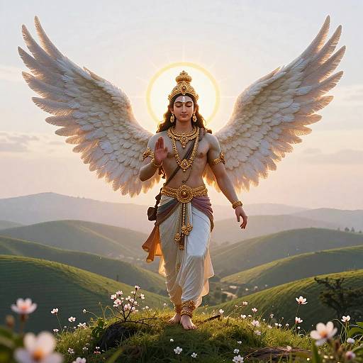 Digital art of a divine, winged deity with golden jewelry, white cloth, and dark hair, standing on a hill at sunset, surrounded by green