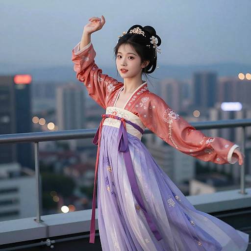 Hanfu Rooftop Cityscape Night Portrait