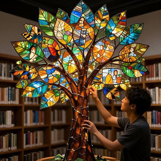 Librarian Nurturing Stained-Glass Tree