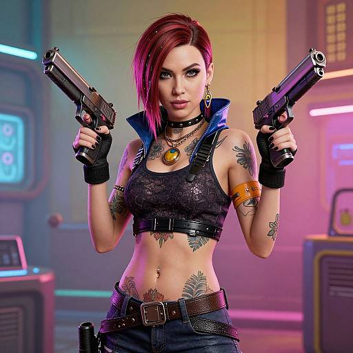 Cyberpunk Woman with Tattoos and Guns