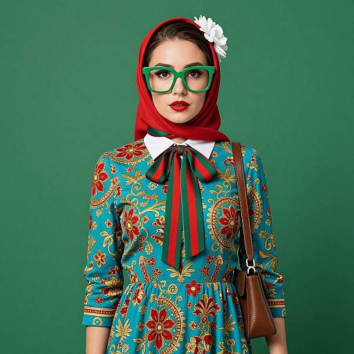 Photograph of a woman with fair skin, red hijab, green glasses, red lipstick, blue floral dress, white collar, red bow, brown