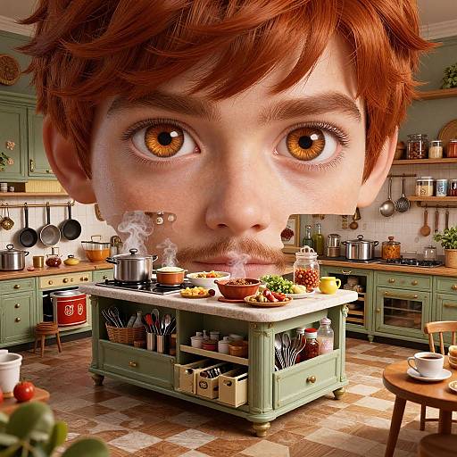 CGI artwork of a giant-eyed, red-haired man with a beard in a green kitchen, cooking and steaming food, surrounded by pots, utens