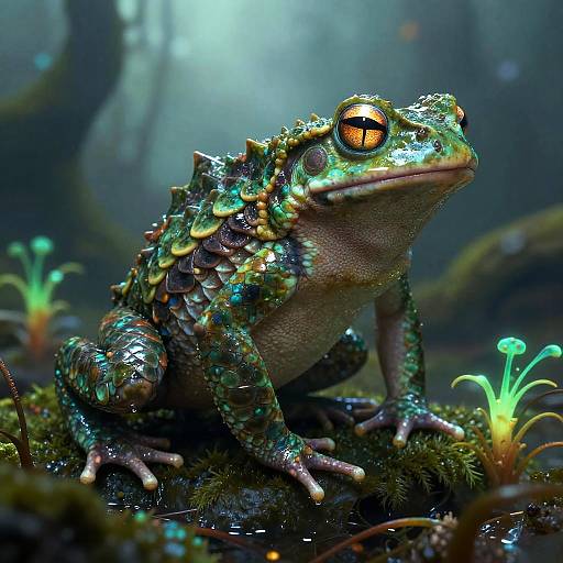 Digital artwork of a vividly colored, iridescent frog with glowing orange eyes, sitting on a mossy forest floor with glowing plants, in a