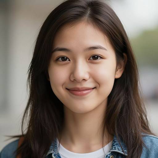 Close-up photograph of a young Asian woman with long black hair, smiling, wearing a denim jacket over a white shirt, with a blurred outdoor background.