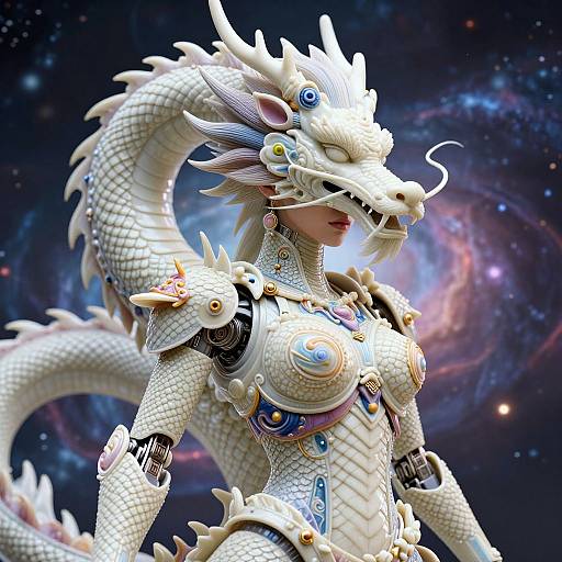 Digital CGI image of a white, dragon-human hybrid warrior with intricate armor and scales, featuring a long, serpentine neck, against a cosmic galaxy