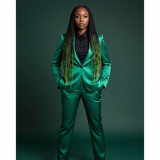 Photograph of a tall, dark-skinned woman with long braided hair in a green satin suit, black shirt, and hands in pockets, standing