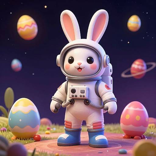 CGI image of a cute, chubby white bunny in a spacesuit standing on a planet with colorful Easter eggs and planets in the starry night sky