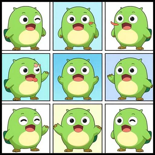 Cartoon green bird with yellow belly, six expressive panels showing various emotions: surprised, touching cheek, waving, happy, waving again, winking,