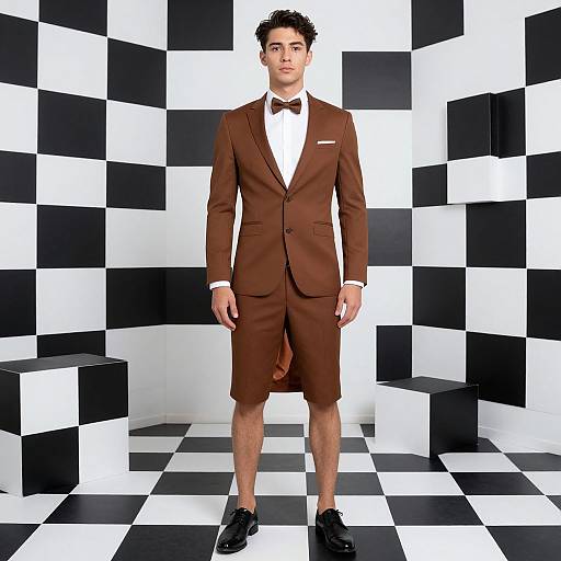 Photograph of a young, white man with short black hair, wearing a brown suit, white shirt, black bow tie, and black shoes, standing