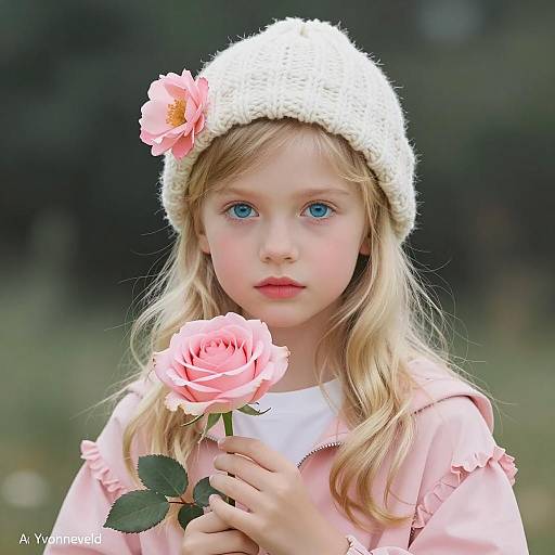 Charming Blonde Girl with Pink Rose