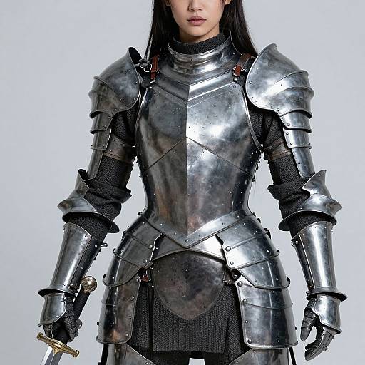 Photograph of an Asian woman in shiny, medieval-style silver armor with black mesh underlay, wearing a black neck guard and holding a golden hilt