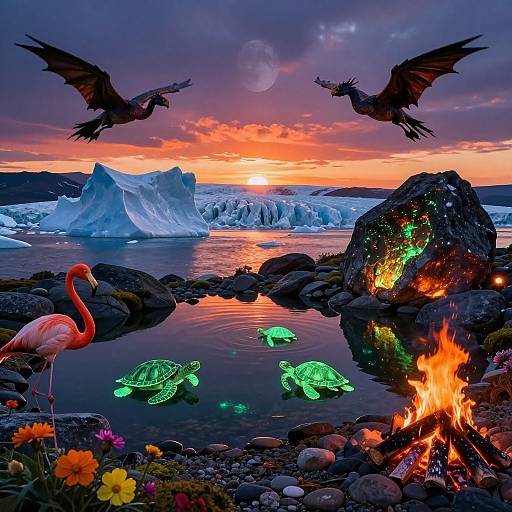 Magical Sunset with Dragons and Nature