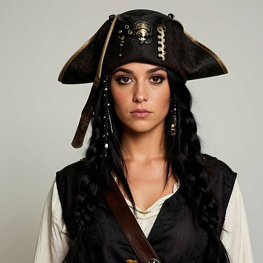 Photograph of a young woman with long black hair, wearing a black pirate hat with gold embellishments, a white shirt, and black vest, against