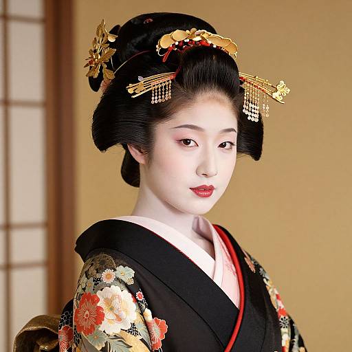 Photograph of a Japanese woman in traditional black kimono with floral embroidery, wearing an ornate black and gold hairpiece, against a beige background.