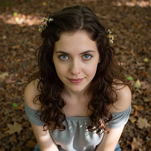 Photograph of a young woman with blue eyes, curly brown hair adorned with small yellow flowers, wearing an off-shoulder gray top, smiling upwards