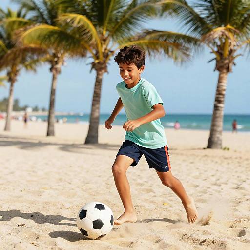 Joyful Mexican Kid Playing Beach Soccer
