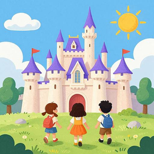 Digital drawing: Two children with backpacks, one girl and one boy, walk towards a colorful castle with blue roofs and turrets, under a bright